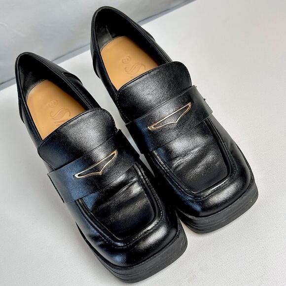NWOT Black Chunky Square Toe Horsebit Platform Witchy Loafer Sz 7.5 - Picture 2 of 9